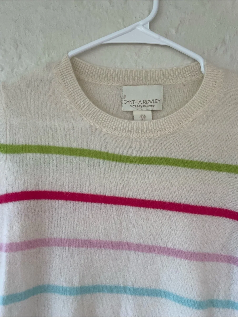 Cynthia Rowley 2-ply 100% cashmere white colorful striped pullover sweater; S